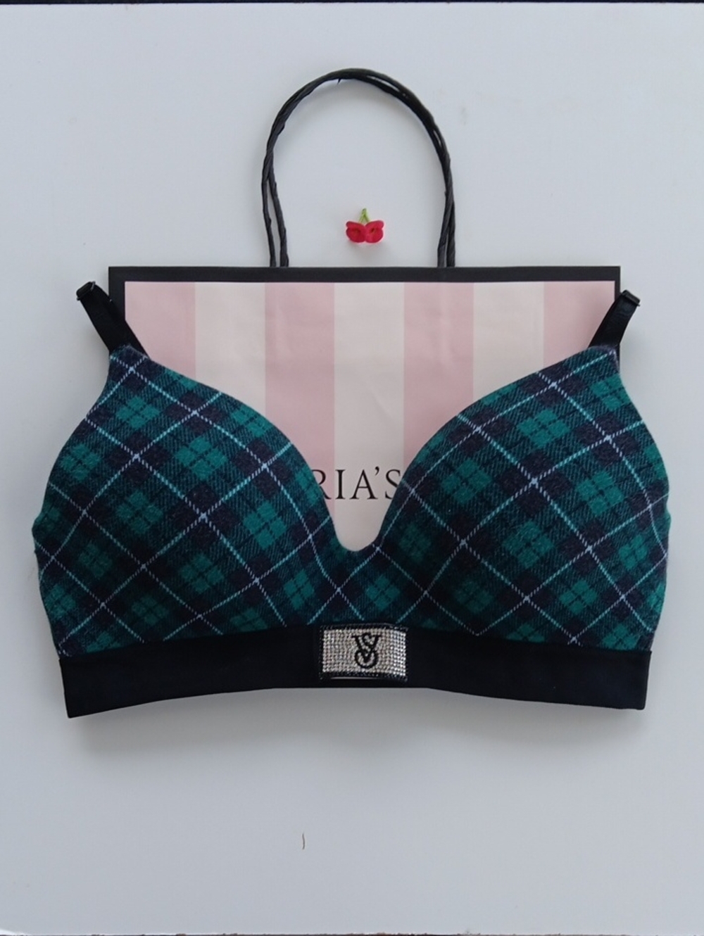Victoria's Secret Teal and Navy Plaid Wireless T-Shirt Lightly Lined Size 34C